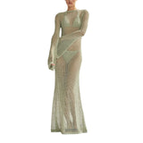 Women's Summer Long Knit See-through Beachwear Solid Color Flare Long Sleeve O Neck Hollow Backless Cover Up Dress-Outfit