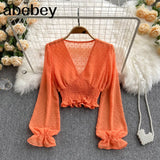 Autumn Fashion Korean Women Blouse Long Sleeve V Neck Elastic Ruched Slim Tops Elegant Streetwear Short