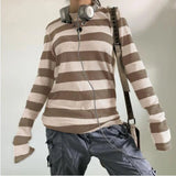 Women Y2K 2000s Retro Knit Basic Tee Shirt Casual Grey Black Striped Long Sleeve Round Neck Tops Club Streetwear-Outfit