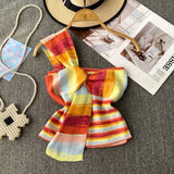 Design With Chic Kinescastic Striped One-Shoulder Sling Vest For Women Wearing A Short Coat Of