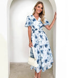 Spring Summer New Long Women's Bubble Sleeve High-End Print Sexy Style Women's Dress
