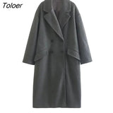 Women Double Breasted Loose Woolen Coat Lapel Collar Long Sleeves Solid Women'S Casual Oversize Coat Autumn Winter 1028-0-Outfit