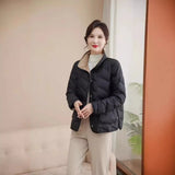 Autumn And Winter New Fashion Standing Collar Down Jacket Female Short Money Pressure Glue White Duck Velvet Light Warm Coat To Wear Both Sides-Outfit