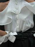 White High Neck Ruffled Cut Out Shirt-Outfit