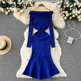Neck Solid Sexy Sweater Dress 2022 Women Mermaid Long Sleeve Maxi Long Dress Autumn Streetwear Knitted Bodycon