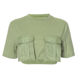 Women's Summer New Fashion Wear Round Neck Short Sleeves Pocket Ultra-Short T-Shirt