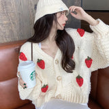 Strawberry Sweater Soft Waxy Cardigan Coat Autumn And Winter 2024 Loose Female V-Collar Coarse Wool Knitting Trend-Outfit