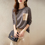 Toloer Round Collar Stripe Cashmere Knit Sweater Female Qiu Dong New Style Korean Version Temperament Loose Joker Bottom Unlined Upper Garment-Outfit