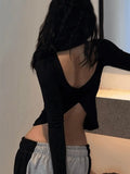 Backless Slit Black Long Sleeve Top-Outfit