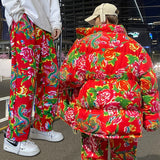 Northeast Big Flower Coat Suit Male Winter Lovers Large Size Cotton-Padded Clothes Pants China-Fashion Retro Coat Peony Flower Net Red Cotton Clothes-Outfit