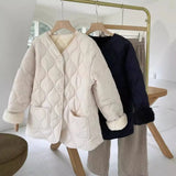Lamb Wool Splicing Down Cotton Jacket Female Winter 2024 The Korean Version Of Loose Diamond Case Light Warm Cotton-Padded Jacket Padded Jacket Coat-Outfit