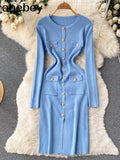 Women Knitted Pencil Dress Korean Long Sleeve Elastic Slim Dress Autumn Winter Sexy Bodycon Warm Sweater