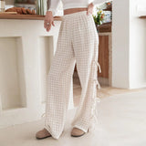 Women's Y2K Wide-Leg Long Pants Plaid/Stripe Print Side Tie-Up Hollowed Out Aesthetic Loose Trousers Casual Bottoms-Outfit