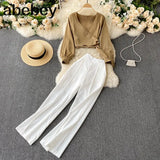 Women Summer Korean Fashion V neck Casual Long Sleeve Blouses+High Waist Long Pants Two Piece