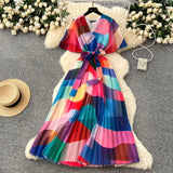 Summer Dress New Female High-End Feel Strapped Belt V Collar Horn Sleeves Thin Temperament Print Chiffon