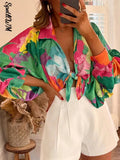 New Printed Lantern Long Sleeve Blouse 2023 Summer Fashion Casual Lapel Top Shirt Female Breathable Chiffon Cardigan 319-1-Outfit