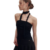 Toloer 2024 New Women's Solid Color Slim Fashion One Word Collar Pleated Sexy Show Back Vest-Outfit