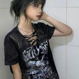 Subcultural Retro Lace up V-Neck Loose Print T-shirt Y2K Top Summer Short Sleeve Tshirts Women Harajuku Clothing Female-Outfit