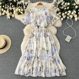 Women Summer Pleated Print Dress 2022 Vacation Ruffle Floarl Gentle Short Sleeves Ladies Slim A Line Long Dresses