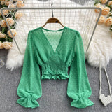 Autumn Fashion Korean Women Blouse Long Sleeve V Neck Elastic Ruched Slim Tops Elegant Streetwear Short