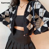 Preppy Style Cardigan Women Long Sleeve Knitted Cardigan Argyle Cashmere Cardigan Streetwear Black Sweater Winter