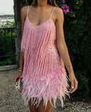Summer New Fashion Tannegous Leash Feather Splicing Dress Color Dress Dress Direct