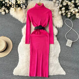 Autumn Winter Women Knitted Dress Turtleneck Sweater Dresses Lady Slim Bodycon Long Sleeve Bottoming Dress