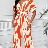 Piece Women Print V Neck Half Sleeve Loose Wide Leg Long Pants Overalls Casual Splice Romper Tight High Waist Jumpsuits-Outfit