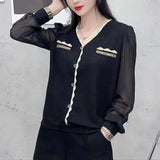 Clothing Solid Color Blouse French Style Elegant Patchwork 2024 Spring Autumn Fashion Diamonds Korean Casual V-Neck Shirt-Outfit