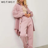 Single Breasted Oversized Fleece Winter Jacket and Pants Two Piece Matching Sets Women Warm Coats Female Sweatpants