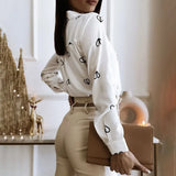 Pocket Letter Print Shirt Blouse Women New Arrival 2023 Button Long Sleeve Shirts Top Spring White Office Slim Tops Femme-Outfit