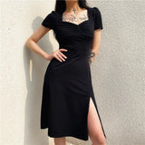 Square Neck Pleated Waist Slim Dress-Outfit