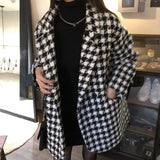 Winter Thick Vintage Houndstooth Woolen Coat Women Korean Loose Double Breasted Suit Jacket Elegant Warm Quilted