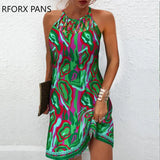 Women Chic Criss Cross Tank Hollow Out Print Sleeveless A-line Mini Party Sexy Dress-Outfit