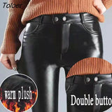 Winter Faux Leather Leggings Women High Waist Skinny Plush Warm Pants Woman Black Sexy Slim Fit Pencil Trousers