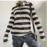 Women Y2K 2000s Retro Knit Basic Tee Shirt Casual Grey Black Striped Long Sleeve Round Neck Tops Club Streetwear-Outfit