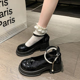 Mary Jane Women 2025 New Round Head Thick-Shoe White Pearl Bow With Skirt Thick-Soled Single
