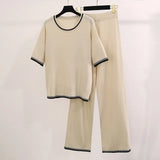 Simple Fashion Round-Neck Short-Sleeved Knitted Shirt High Waist Thin Trousers Pit Knitted Two-Piece