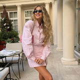 Toloer Women's New Commuter Lapel Long Sleeve Striped Shirt Wrapped Hip Skirt Fashion Office Suit-Outfit