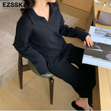 2 Pieces Set Women oversize Tracksuit polo collar Sweater Pullover straight pants Sweater Set CHIC Knitted Outwear sweater
