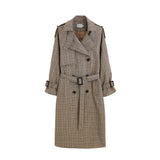 Korean Style Ladies Trench Coat Plaid Long Double Breasted Belted Oversize Loose Women Duster Coat Outerwear with Storm