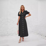 Women's Summer Casual Short-Sleeved Buckle Waist Solid Cotton Ultra-Long Shirt