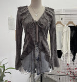 Wind To Make Old Hole Horn Long Sleeve Open Shirt Tie With Lotus Leaf Side V Collar Sunscreen Shirt