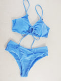 Toloer New Multi-Color Pure Color Lace Hanging Neck Bow Split Swimsuit Women's Feel
