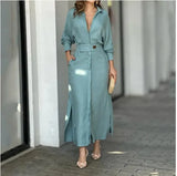 2025 New Solid Color Long-Sleeved Shirt Dress Temperament Elegant
