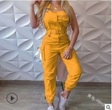 Women's Work-Packed Pocket Design Jumpsuit Sleeveless Backs And Trousers Simple Restraints Trousers +