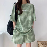 Women Shorts Matching Set Casual Loose Short Sleeve Clothing Female Print Tops Elastic Waist Pant 2 Piece Suit