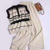 Suit Women's Korean Version Of Sleeveless Collars With Striped Knitted Shirt Tops Two Sets Of Leisure High-Rise Broad