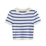 New Bicolor Striped Slim Short Version Short-Sleeved Knitted Blouse-Outfit