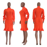 Toloer New Women's Solid Color High Collar Flounce Handmade Knitted Dress-Outfit